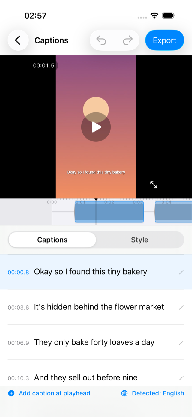 CapiCap editor with a transcript list and caption styling controls