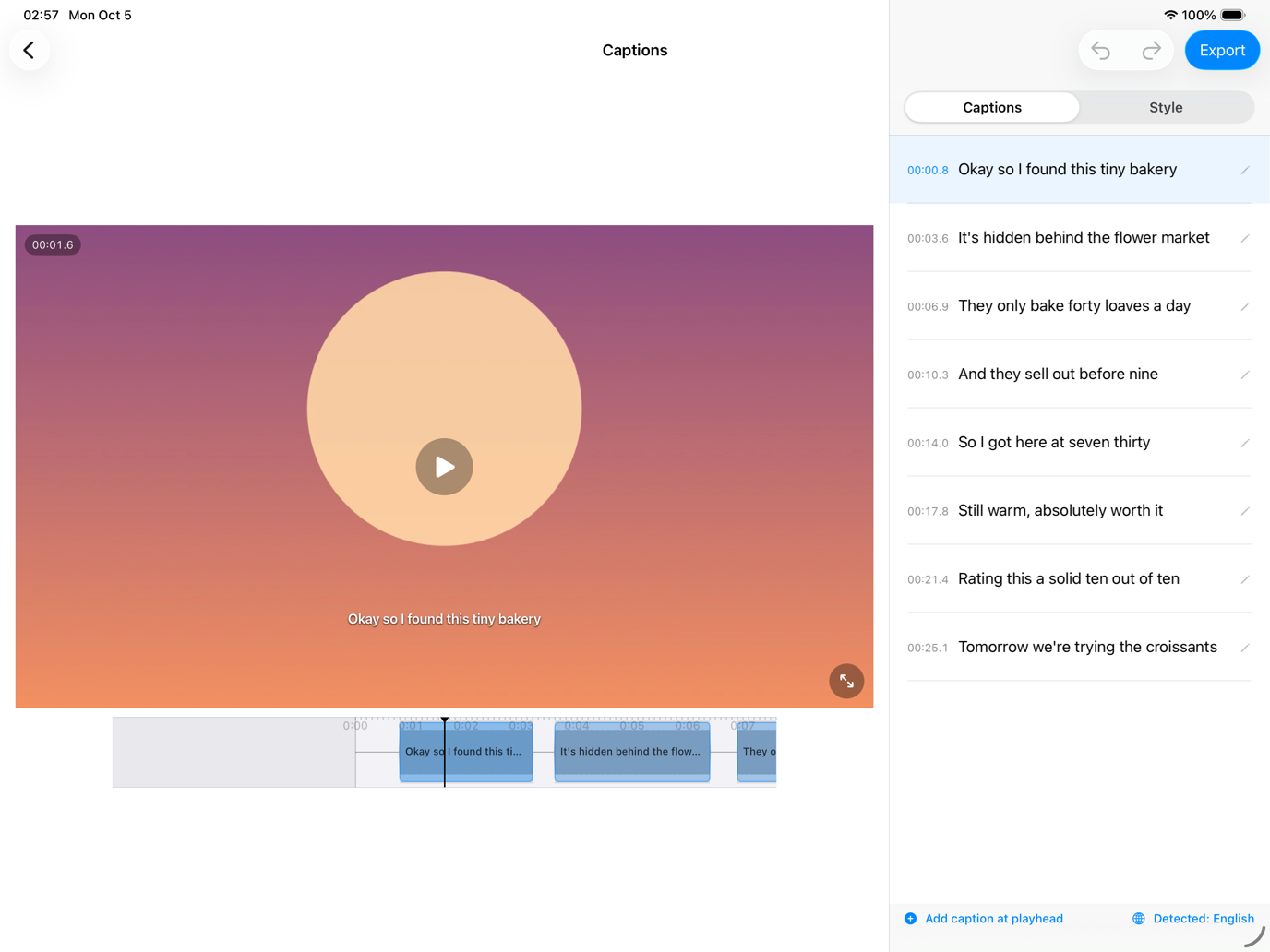 CapiCap on a 13-inch iPad in landscape: the video preview with burned-in captions on the left, the full transcript as an editable list on the right