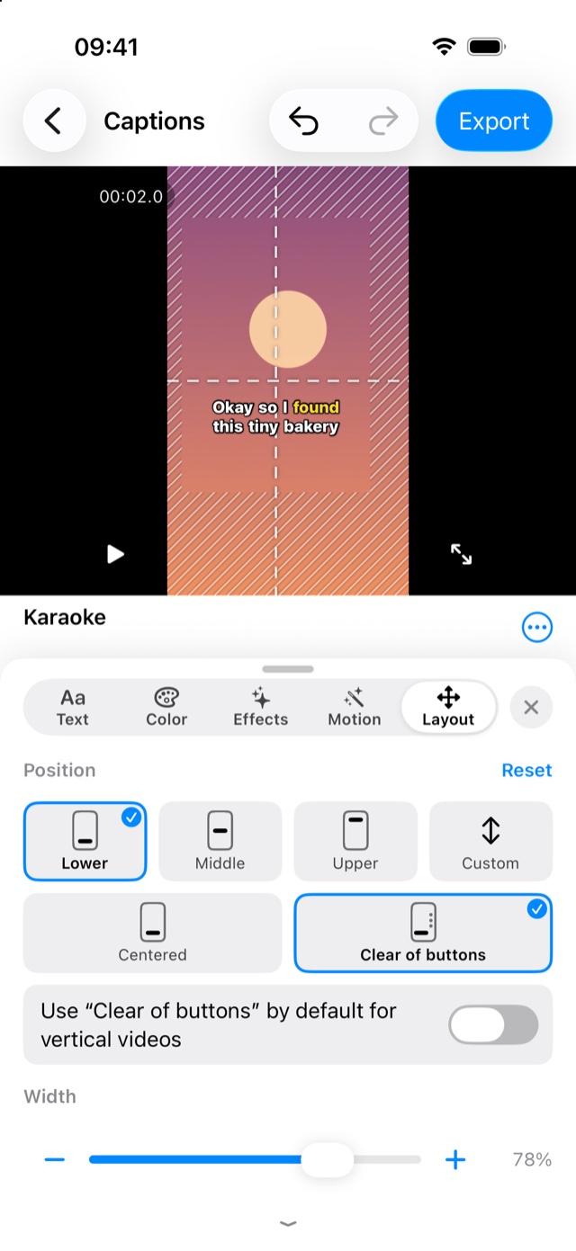 CapiCap's editor on iPhone while the caption is being dragged: hatching over the top, bottom and side edges of a vertical video, dashed lines through the middle and down the Clear of buttons line, and below the video the Layout page with Lower and Clear of buttons picked and the default switch for vertical videos