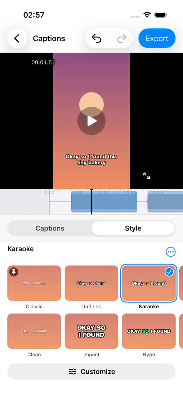 CapiCap editor showing a video preview with burned-in captions and a gallery of caption looks